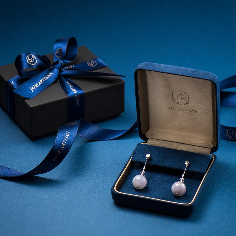 Jade Artisan pearl earrings product photography with branded gift box